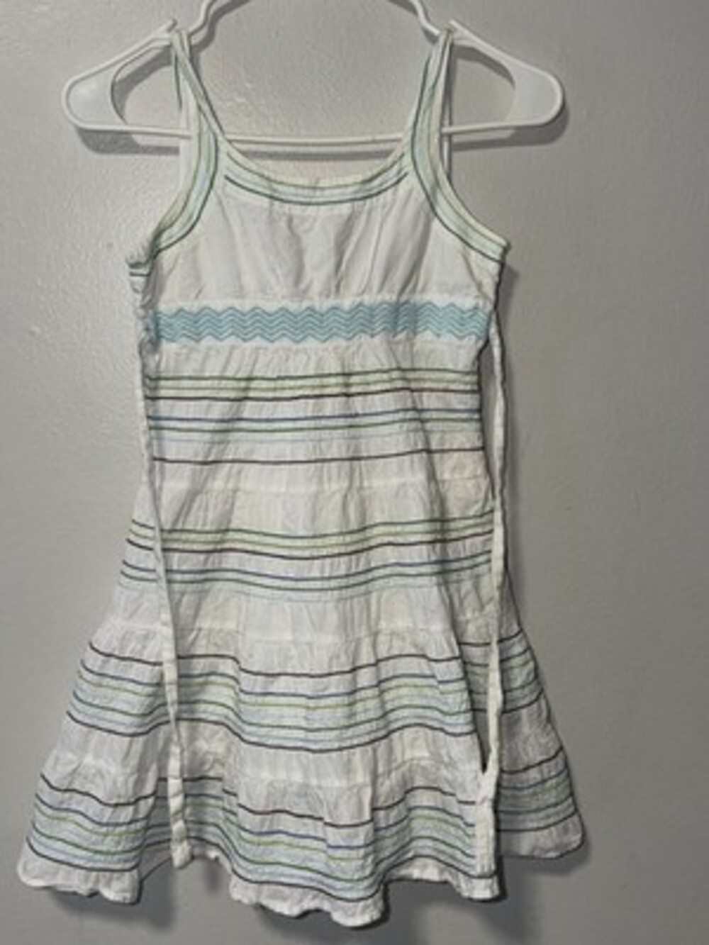 White Striped Girls' Sundress with Blue & Green Accents